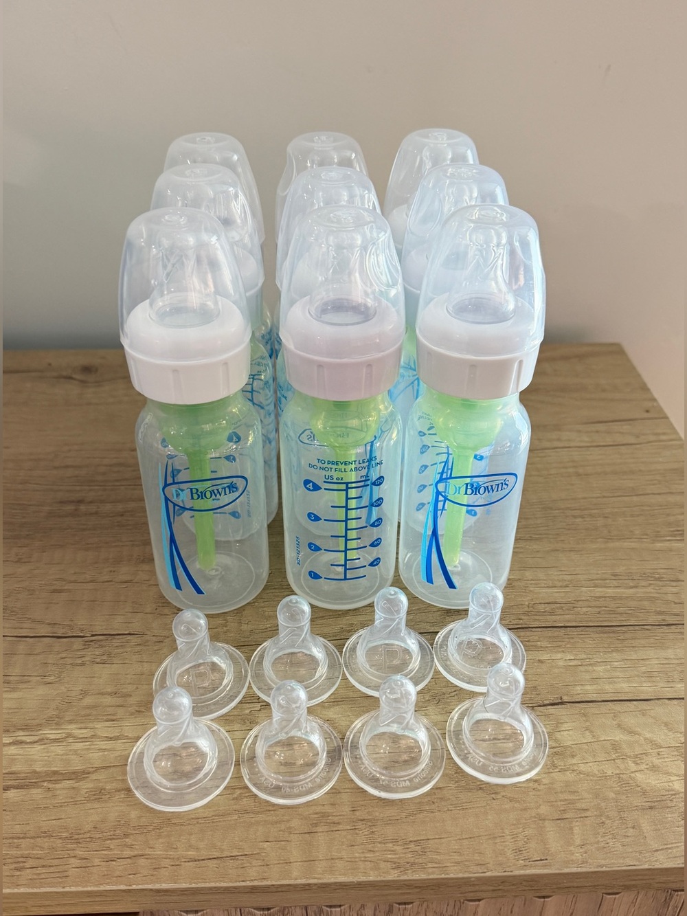 Dr browns 4oz narrow plastic bottles - set of 9 plus extra nipples